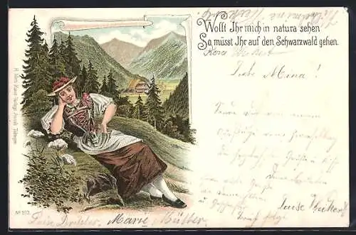 Künstler-AK Frau in Schwarzwälder Tracht liegt auf einer Wiese