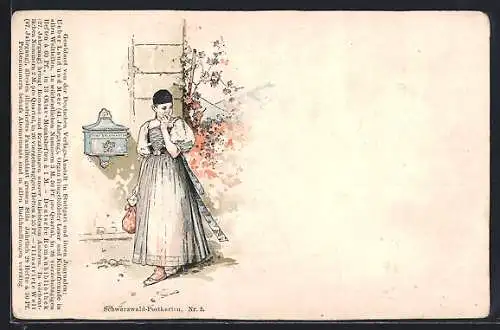 Lithographie Frau in Schwarzwälder Tracht mit Brief an einem Briefkasten