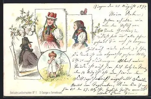 Lithographie Frauen in Schwarzwälder Trachten