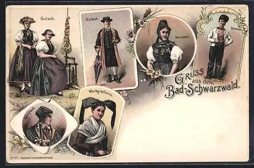 Lithographie Schwarzwälder in Tracht, Gutach, Neustadt, Hanauer, Schapbach, Markgräflerin