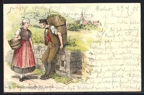 Lithographie Württembergische Landestrachten, Winzer nach der Ernte