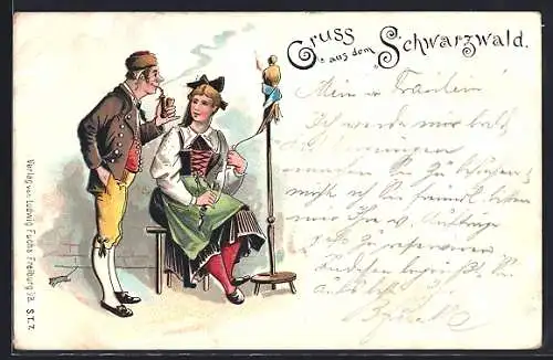 Lithographie Mann und Frau in Schwarzwälder Trachten mit Spindel