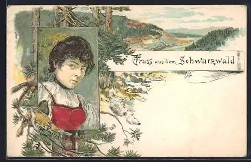 Lithographie Frau in schwarzwälder Tracht