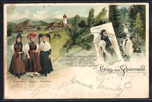 Lithographie Schwarzwälderin, Gutacherin, Markgräflerin & St. Georgerin in Schwarzwälder Tracht