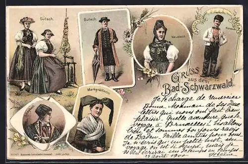 Lithographie Schwarzwälder in Tracht, Gutach, Neustadt, Hanauer, Schapbach, Markgräflerin