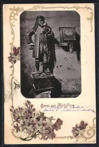 AK Heidelberg / Neckar, Barocke Statue im Passepartout mit Blumen