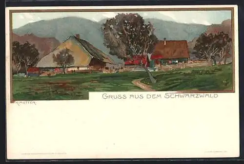 Künstler-AK K. Mutter: Gruss aus dem Schwarzwald, Partie an einem Bauernhof