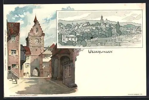 Künstler-AK K. Mutter: Überlingen / Bodensee, Strassenpartie am Tor und Blick auf die Stadt