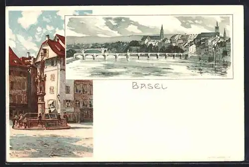 Künstler-AK Karl Mutter: Basel, Gesamtansicht, Kinder am Brunnen