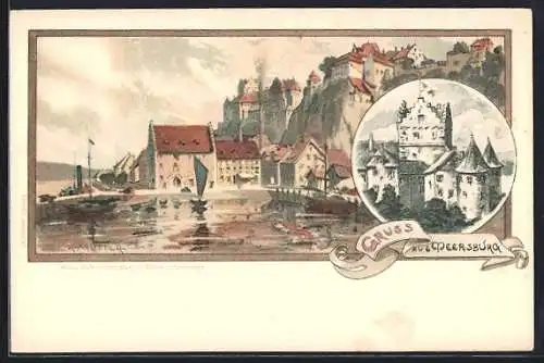 Künstler-AK Karl Mutter: Meersburg, Schloss und Ortspartie am Seeufer