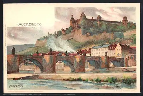 Künstler-AK K. Mutter: Würzburg, Brücke mit Marienberg