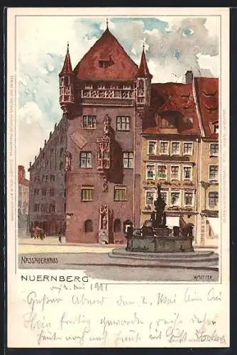 Künstler-AK K. Mutter: Nürnberg, Nassauerhaus mit Brunnen davor