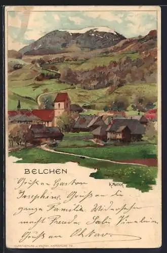 Künstler-AK Karl Mutter: Belchen, Ortsansicht mit Berg