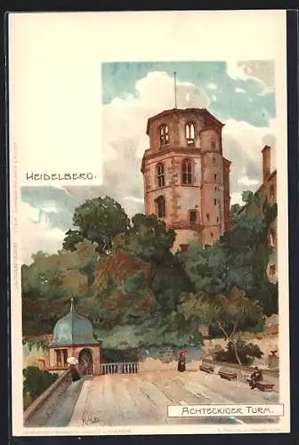 Künstler-Lithographie Heinrich Kley: Heidelberg, Achteckiger Turm