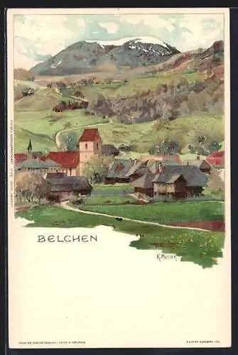 Künstler-AK Karl Mutter: Belchen, Ortsansicht mit Berg