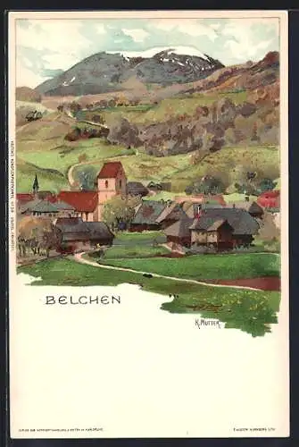 Künstler-AK Karl Mutter: Belchen, Ortsansicht mit Berg