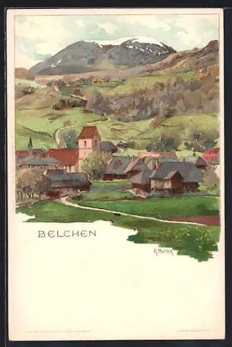 Künstler-AK Karl Mutter: Belchen, Ortsansicht mit Berg