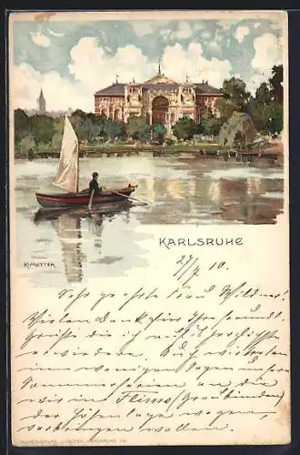 Künstler-AK K. Mutter: Karlsruhe, Mann im Segelboot