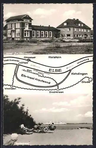 AK Drochtersen, Hotel Zur Elbaussicht, Badestrand, Landkarte mit Kehdingen, Stade und Glückstadt