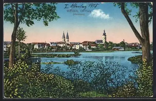 AK Weiden / Bayern, Teilansicht mit Kirche und Bäumen