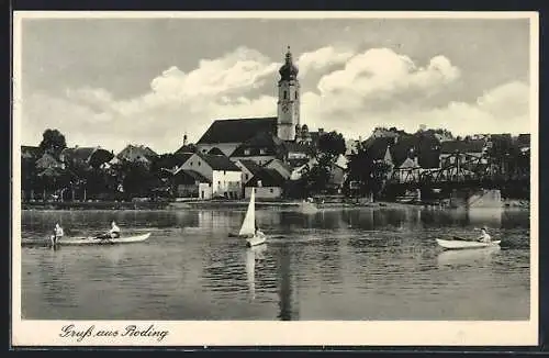 AK Roding / Obpf., Flusspartie mit Ruderbooten und Kirchturm