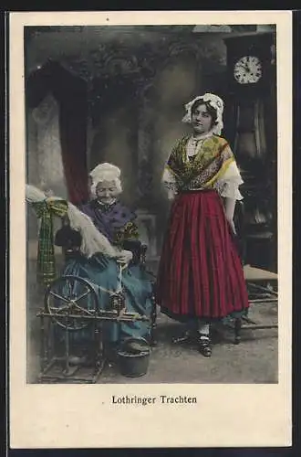 AK Lothringer Trachten, Frau an einem Spinnrad