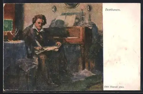 Künstler-AK Komponist Ludwig van Beethoven am Klavier sitzend