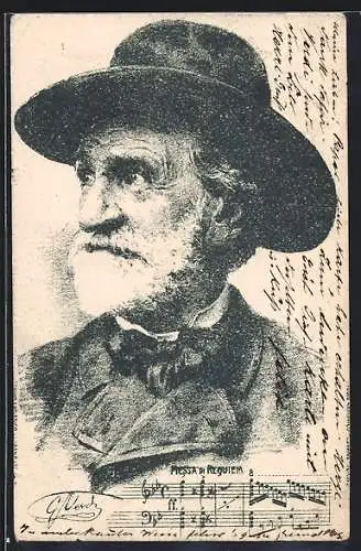 AK Verdi im Portrait mit Hut und Musiknoten