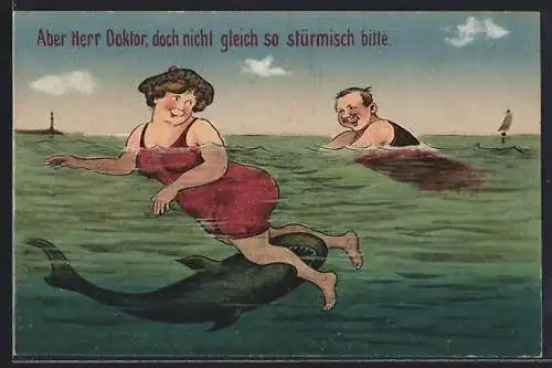 AK Hai beisst Frau beim Baden ins Bein, Scherz