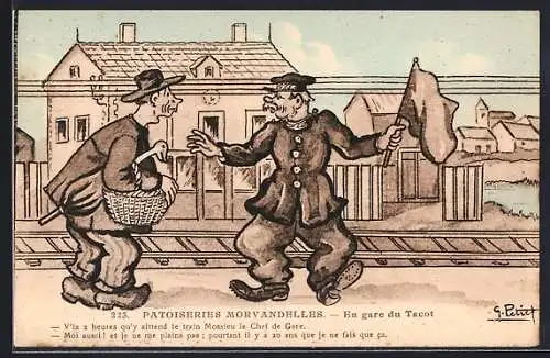 Künstler-AK Tacot, Patoiseries Morvandelles, Mann und Schaffner auf dem Bahnhof, Scherz
