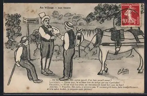 AK Au Village, Les Valets, Drei Bauern am Wegweiser, Scherz