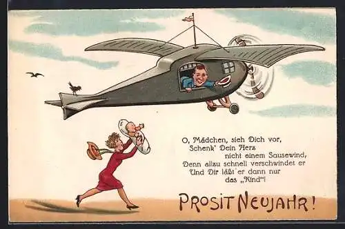 AK Frau mit Baby schaut zu Mann im Flugzeug, Scherz, Neujahrsgruss