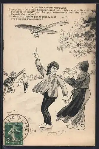 Künstler-AK Morvan, Scènes Morvandelles, Mönch und Bauer sehen ein Flugzeug, Scherz