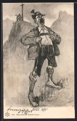 AK Wanderer in den Bergen schreit, Scherz
