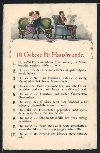 AK Zehn Gebote für Hausfreunde, 1. Du sollst Dir eine schöne Frau suchen, ihr Mann braucht weniger schön zu sein, Scherz
