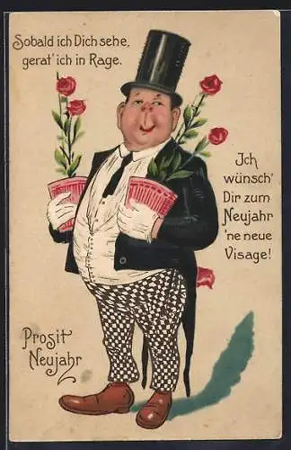 AK Herr mit Zylinder und Rosentöpfchen, Prosit Neujahr