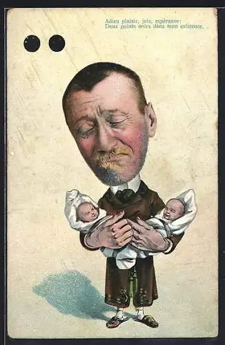 AK Mann mit übergrossem Kopf und zwei Babys, Scherz