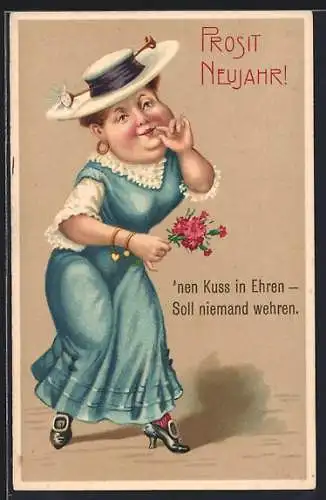 Präge-AK Frau im blauen Kleid mit Blumen, Scherz, Neujahrsgruss