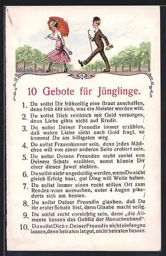 AK Zehn Gebote für Jünglinge, 1. Du sollst Dir frühzeitig eine Braut anschaffen, denn früh übst sich..., Scherz