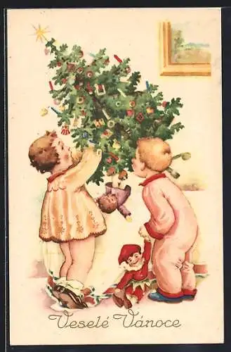 AK Weihnachten, Veselé Vánoce, einem Mädchen fällt der Weihnachtsbaum um, Junge mit Puppe steht daneben