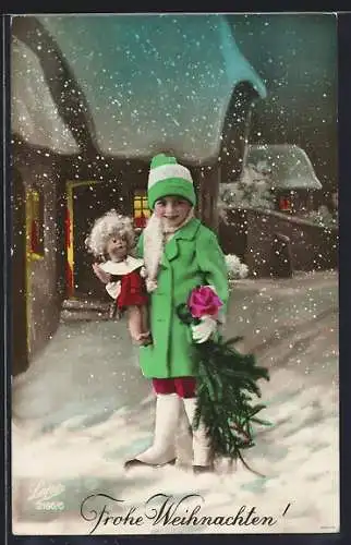 AK Mädchen mit Puppe auf verschneiter Strasse, Frohe Weihnachten