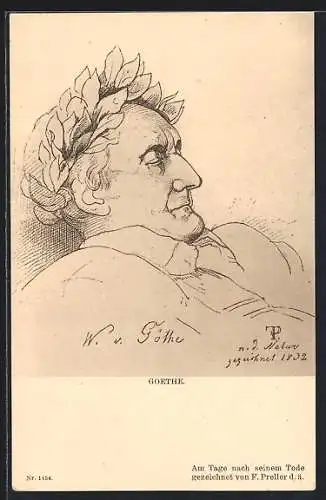 AK Goethe am Tage nach seinem Tod mit einem Lorbeerkranz auf dem Kopf