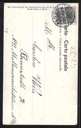 AK Engel wacht über kniende Frau am Elterngrab