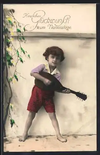 AK Kleiner Junge mit Laute, Glückwunsch zum Namenstag