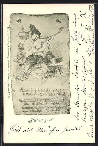 Künstler-AK Lautespieler sitzt auf einem Tisch