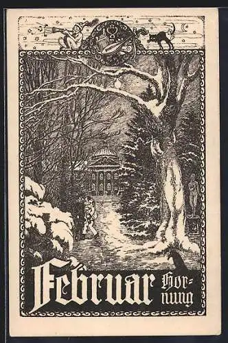 Künstler-AK Februar, Pierrot in verschneitem Park