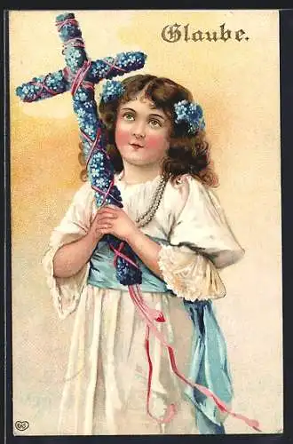 AK Mädchen mit Kreuz aus Vergissmeinnicht, Glaube