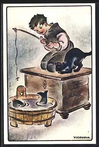 Künstler-AK Junge und Katze angeln einen Fisch aus einem Eimer