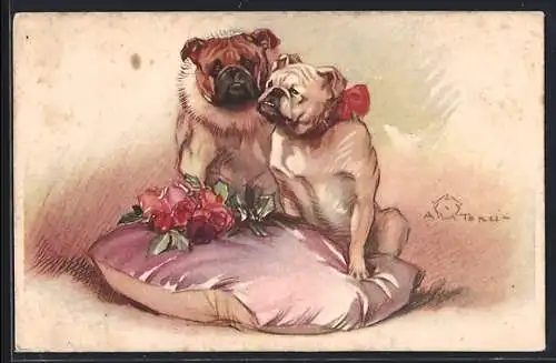 Künstler-AK Terzi: Britische Bulldoggen mit Rosen