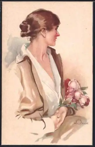 Künstler-AK Terzi: Lachende Dame mit Rosenstrauss